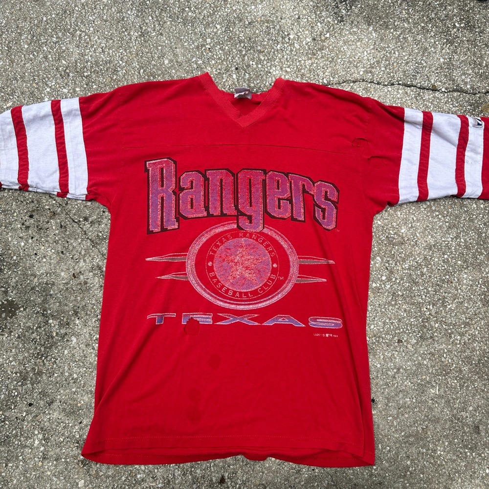 Vintage 1984 Texas Rangers Logo 7 T-Shirt Red Striped Sleeve MLB USA Made Large